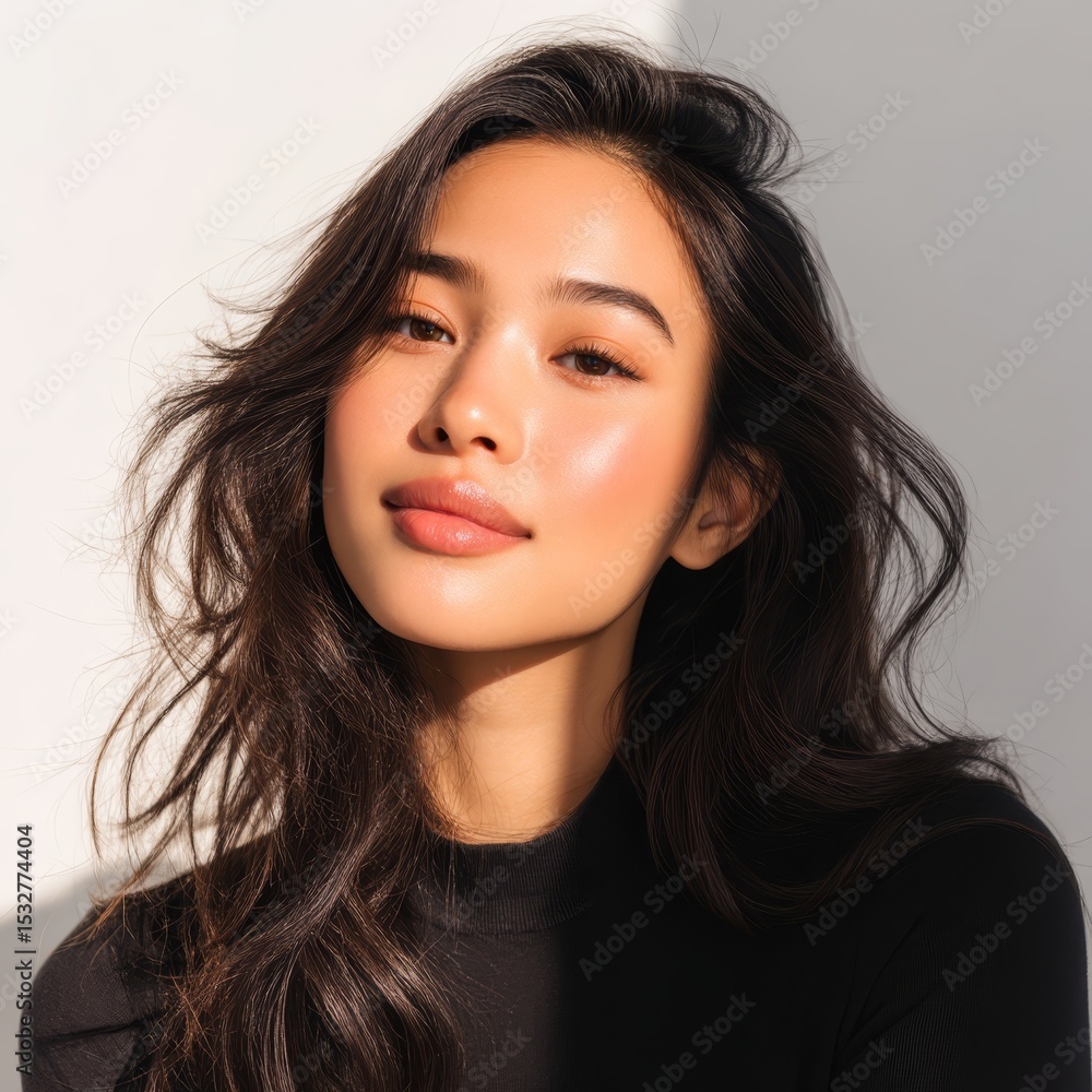 Stylish woman with long brown hair and black shirt, a portrait of modern beauty elegance Stylish woman with long brown hair and black shirt, a portrait of modern beauty elegance