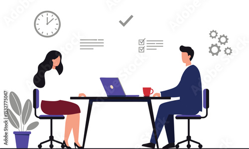 Collaborative Workspace: Two Professionals Working Together at a Desk with Laptop and Coffee