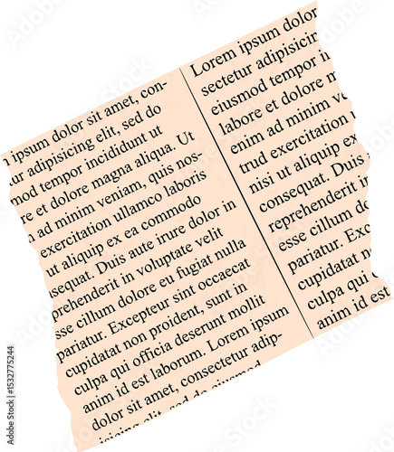 Flat design showing torn beige paper having two serif Lorem ipsum columns on transparent background