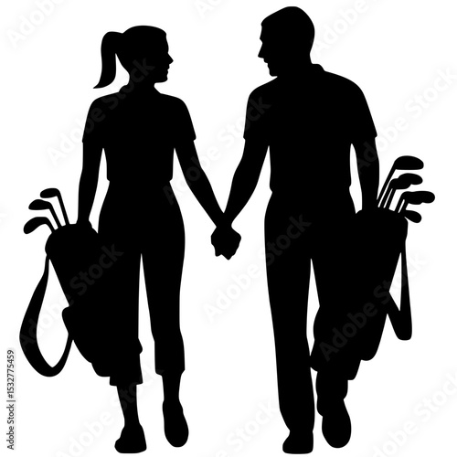 A black silhouette of a man and woman, holding hands and carrying golf bags.