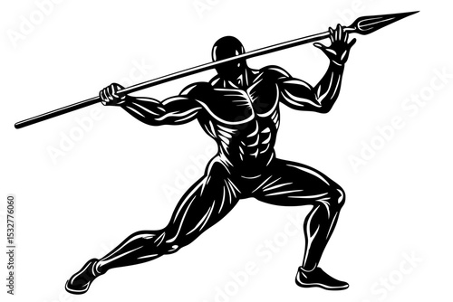Powerful Silhouette of a Spear Thrower Muscular Figure in Action