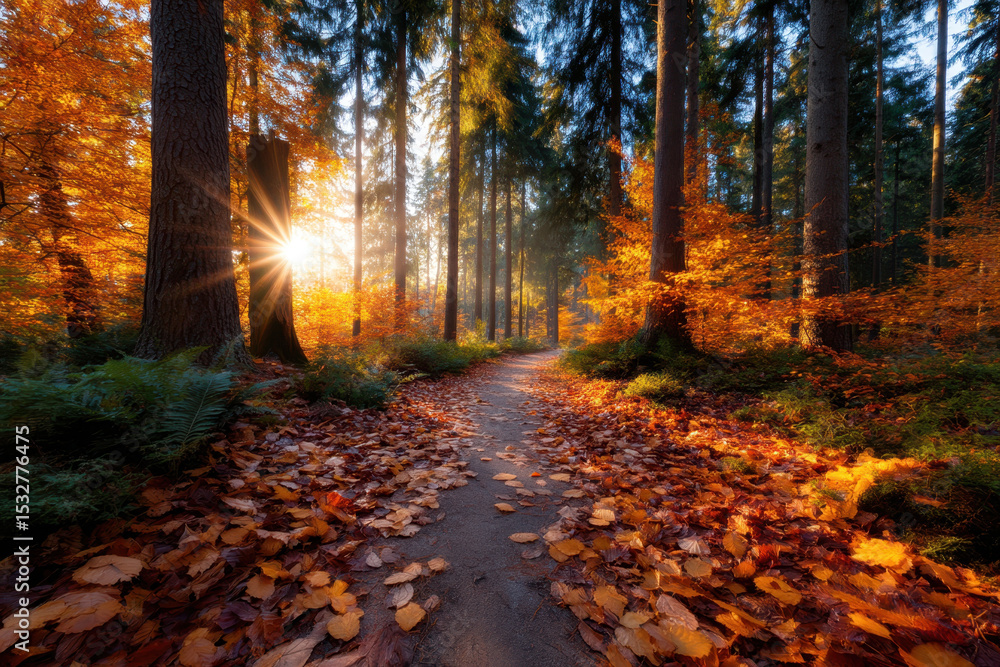 Fototapeta premium Beautiful autumn woods with a sunbeam shining through colorful trees during golden hour