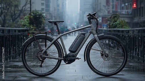 Electric bike poised on a rain-slicked urban bridge, blending technology and design