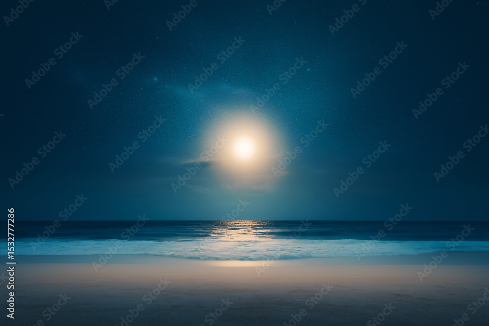 Fototapeta premium Full Moon over Ocean with Night Sky and Reflections