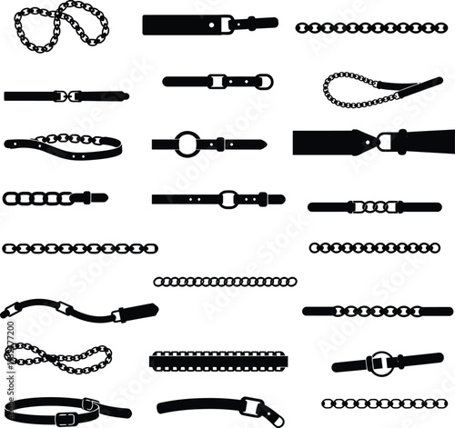 Extensive collection of black vector chain belt and buckle silhouettes, perfect for fashion design, apparel concepts, and accessory graphic projects.