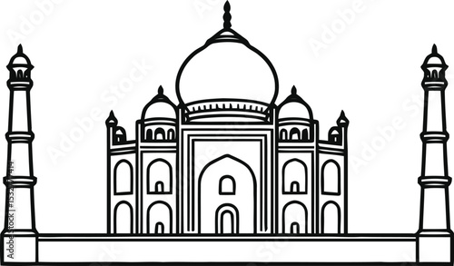 Taj Mahal Line Art Illustration, Detailed Black and White Drawing of Famous Indian Monument with Dome, Minarets and Mughal Architecture on White Background
