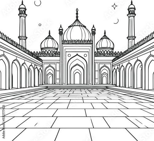 Jama Masjid Delhi Line Art Illustration, Detailed Black and White Drawing of Famous Indian Mosque with Domes, Minarets, Arches and Islamic Mughal Architecture