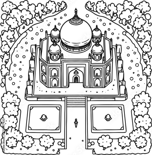 Taj Mahal Line Art Illustration, Detailed Black and White Drawing of Famous Indian Monument with Dome, Minarets and Mughal Architecture on White Background