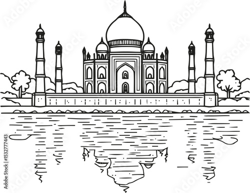 Taj Mahal Line Art Illustration, Detailed Black and White Drawing of Famous Indian Monument with Dome, Minarets and Mughal Architecture on White Background