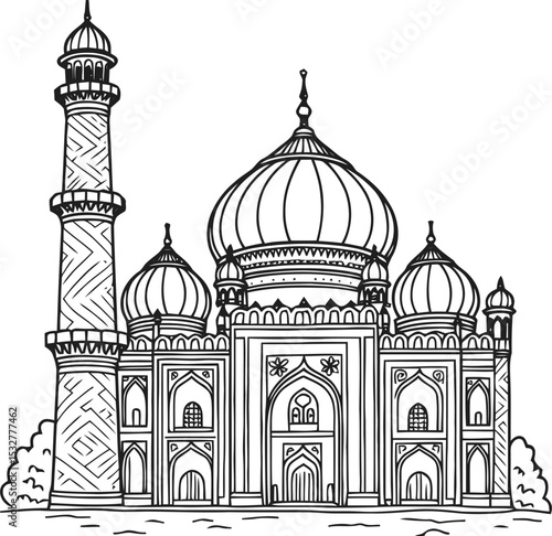 Jama Masjid Delhi Line Art Illustration, Detailed Black and White Drawing of Famous Indian Mosque with Domes, Minarets, Arches and Islamic Mughal Architecture