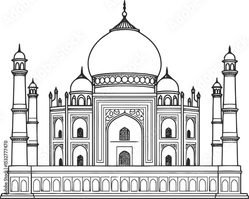 Taj Mahal Line Art Illustration, Detailed Black and White Drawing of Famous Indian Monument with Dome, Minarets and Mughal Architecture on White Background