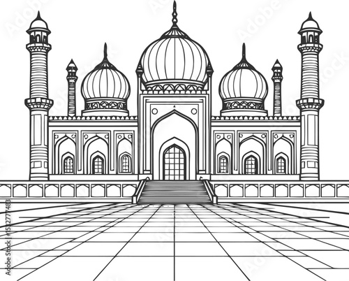 Jama Masjid Delhi Line Art Illustration, Detailed Black and White Drawing of Famous Indian Mosque with Domes, Minarets, Arches and Islamic Mughal Architecture