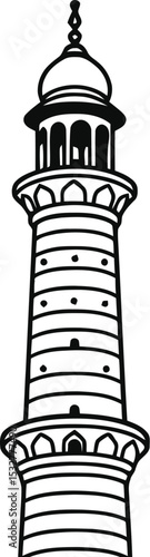 Taj Mahal Line Art Illustration, Detailed Black and White Drawing of Famous Indian Monument with Dome, Minarets and Mughal Architecture on White Background