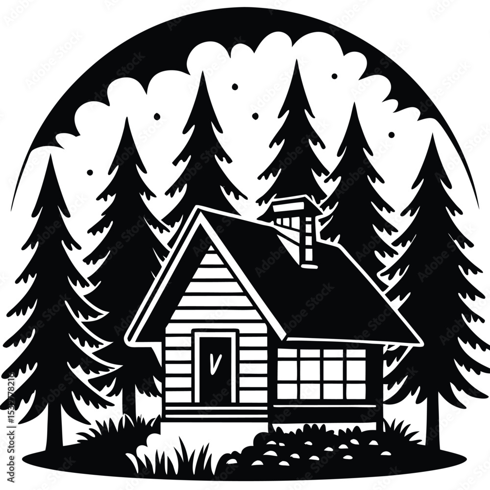 Obraz premium Serene Cabin Retreat: A Black and White Silhouette of a Cozy Cabin Nestled Among Towering Pine Trees Under a Soft Cloudscape, Evoking a Sense of Tranquility and Natural Beauty