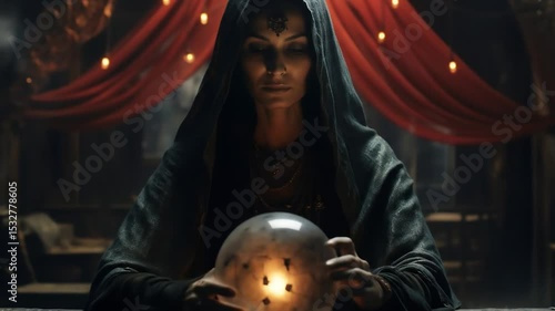 Gypsy fortune-teller with a crystal ball to guess the future, inside a fair or circus tent. Mystical show of a witch or sorceress with a gift for futurism. Cinematic scene