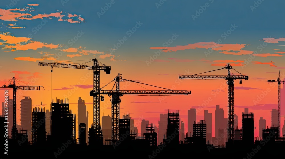 Fototapeta premium Construction cranes silhouetted against a vibrant sunset sky, showcasing an urban skyline with buildings under development, representing growth and progress in city infrastructure