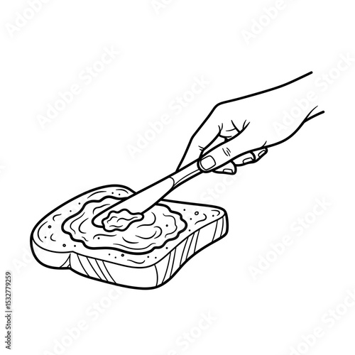 Hand spreading butter on a slice of bread with a knife in a simple kitchen setting 