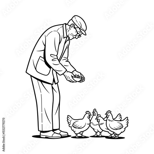 Elderly man feeding chickens in a farmyard setting with care and affection 