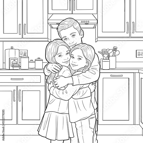 Three siblings hugging each other happily in a cozy kitchen environment 