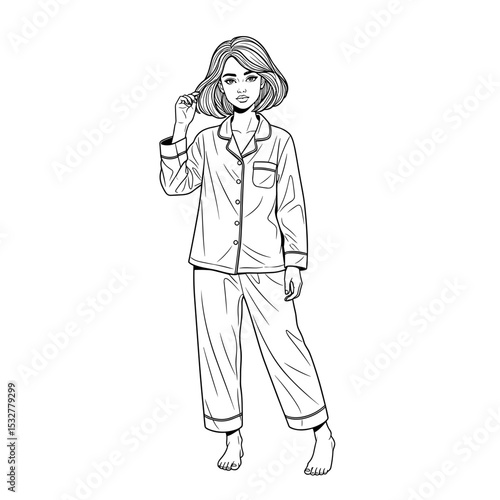 Young woman in pajamas standing barefoot at home, relaxed mood, morning routine