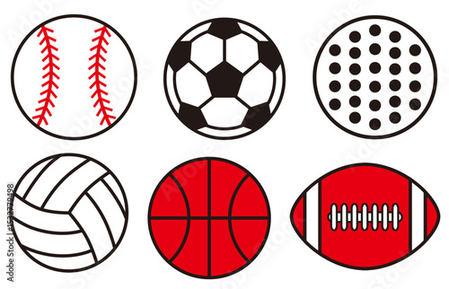 野球、サッカー、ゴルフ、バレー、バスケット、ラグビー、色々なスポーツのボールのシンプルにデザインしたアイコンやシンボル等に使いやすいベクターのイラストのコレクション