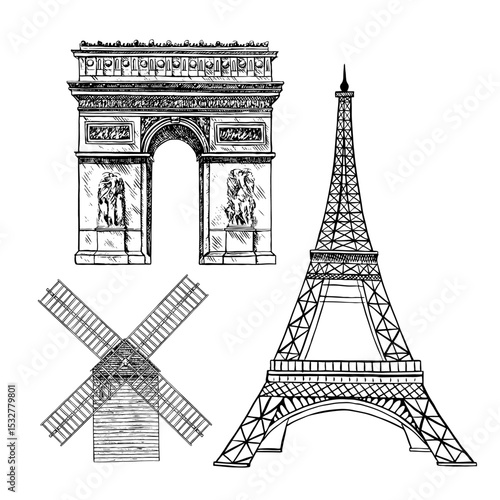 A set of Parisian attractions. Eiffel Tower, Arc de Triomphe stars, the Moulin de Galette mill. Vector graphics, hand-drawn black and white illustrations. Isolates on a white background.