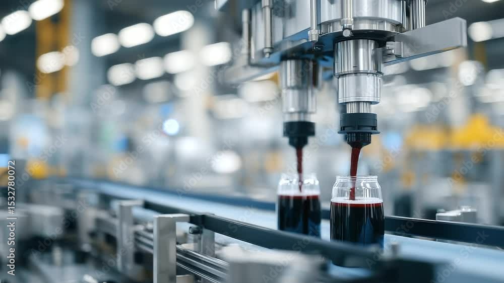 Precision-engineered beverage filling machines deposit berry juice with smooth flow into transparent containers, all on a spotless conveyor system Precision-engineered beverage filling machines deposit berry juice with smooth flow into transparent containers, all on a spotless conveyor system