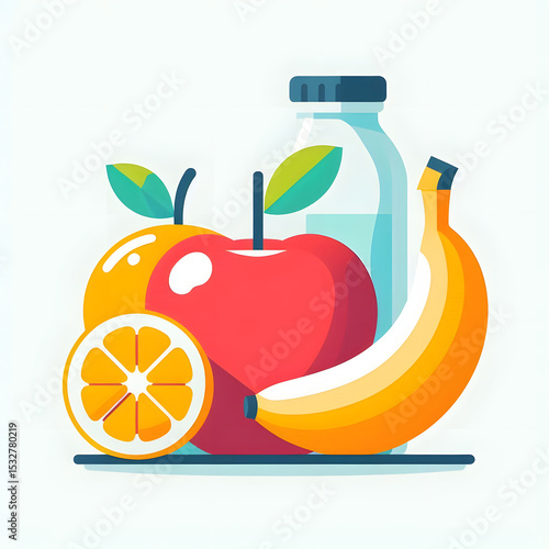 flat icon of healthy fruits like apple, banana and orange, minimalist, on white
