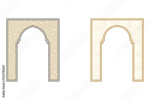 Islamic arch design frame with traditional geometric ornament in golden outline for decorative border vector illustration template element.