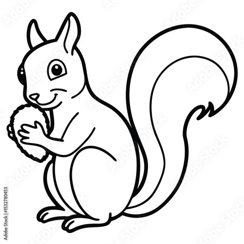 Adorable Squirrel Illustration: A Charming Black and White Drawing of a Squirrel Holding a Nut, Perfect for Coloring Books, Educational Materials, and Wildlife-Themed Designs and crafts project