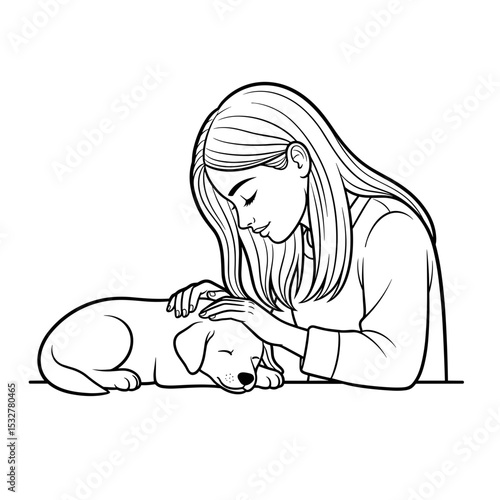 Young woman cuddling a puppy on a table, affectionate mood, indoors