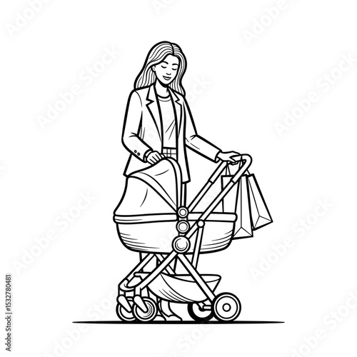 Woman shopping on Black Friday with baby stroller and bags, happy mood, outdoor