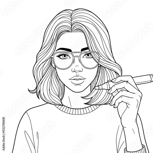 Young woman holding a marker, engaged in creative expression, thoughtful portrait