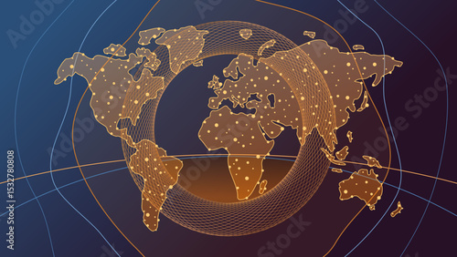 Quantum fractal circles background for global data concept, blue and orange tones connected dots sphere lines wireframe world map, gold mines, concept of data science, technology, ai, data center