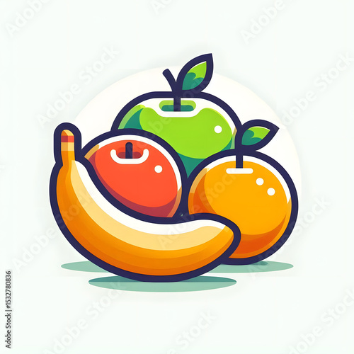 flat icon of healthy fruits like apple, banana and orange, minimalist, on white

