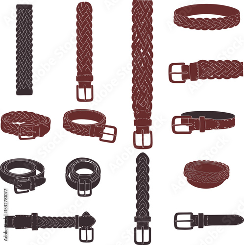 Diverse vector illustrations of stylish belts, including braided and classic designs, perfect for fashion, apparel, and accessory-related graphic projects.