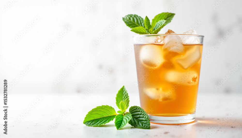 Fototapeta premium Iced tea with mint sprig, refreshing beverage, with copy space. Glass of iced tea with ice cubes and fresh mint leaves. This refreshing beverage is perfect for summer days.