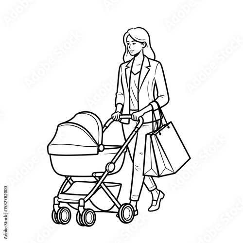 Woman shopping while pushing a stroller, modern lifestyle, family outing