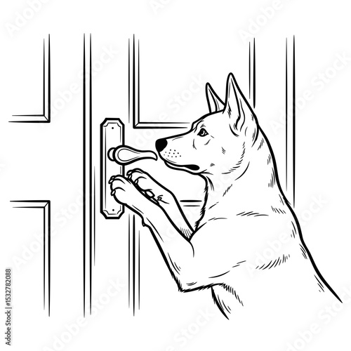 Dog reaching for a door handle, playful behavior, curious pet