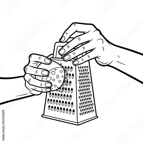 Hands grating cheese with a grater, cooking process, culinary activity