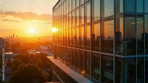 Golden Sunset Reflecting on Modern Office Building Skyline Cityscape