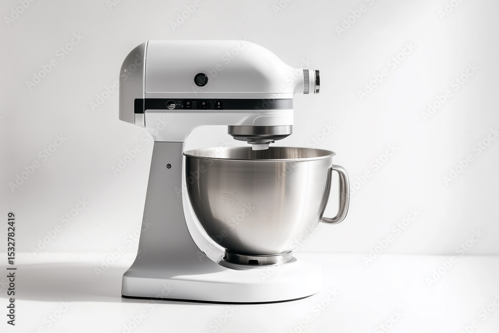 Stand mixer with minimalist stainless steel bowl on white background Stand mixer with minimalist stainless steel bowl on white background