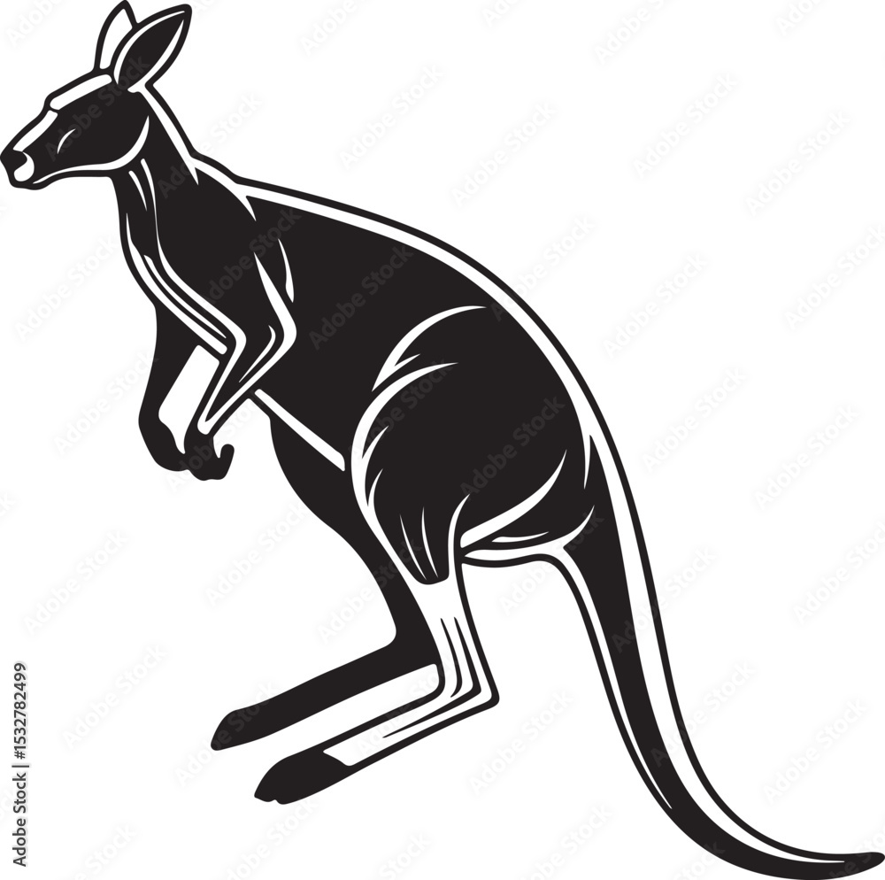 Fototapeta premium A black and white kangaroo silhouette in vector style, set against a clean white background