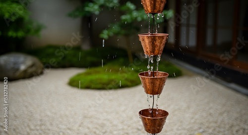 A copper rain chain with water droplets in zen garden