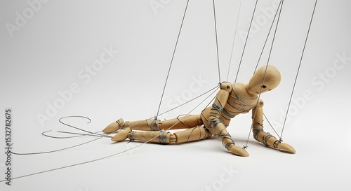 A lone puppet marionette entangled in fine thread
