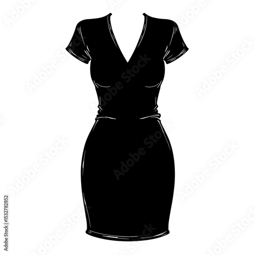 Hand-drawn fitted bodycon dress with short sleeves and V-neck for fashion ecommerce kits - wardrobe planners - minimalist outfit cards