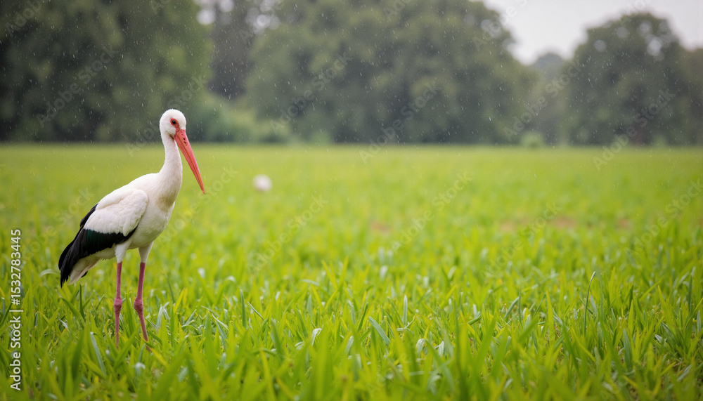 Fototapeta premium White stork ciconia ciconia in green field. Elegant white stork bird standing in lush grass meadow. Majestic bird photography for wildlife documentaries or nature publications.