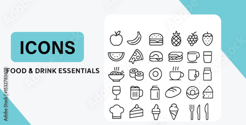Food and Drink Essentials Icon Set Black Line Art food icons