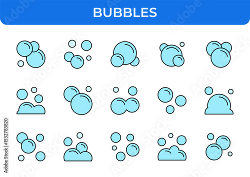Bubbles Vector Icon Set - Soap, Foam, Bath, Water, Fizzy, Air, Shiny, Round, Clean, Washing, Effervescence Icons - Editable Line Weight