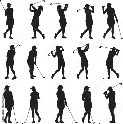 Fifteen female golfer silhouettes in various dynamic poses with golf clubs and some with golf balls vector